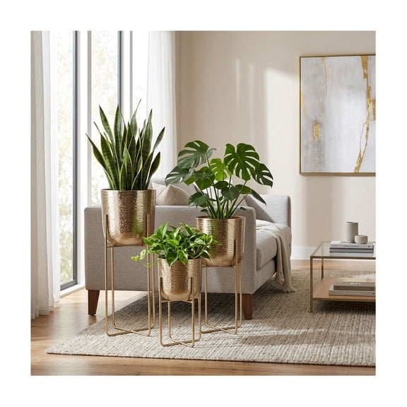 Etched Metal Planters on Stand as Flower Pots - Home Decor for Indoor and Outdoor Plants - Raised Pots for Plants for Entryway, Patio, Garden, and Tabletop - Set of 3, 27", 20", 15", Gold
