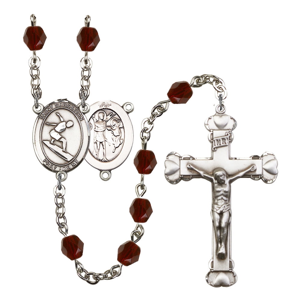 Bonyak Jewelry 18 Inch Rhodium Plated Necklace w// 6mm Blue December Birth Month Stone Beads and Saint Christopher Charm