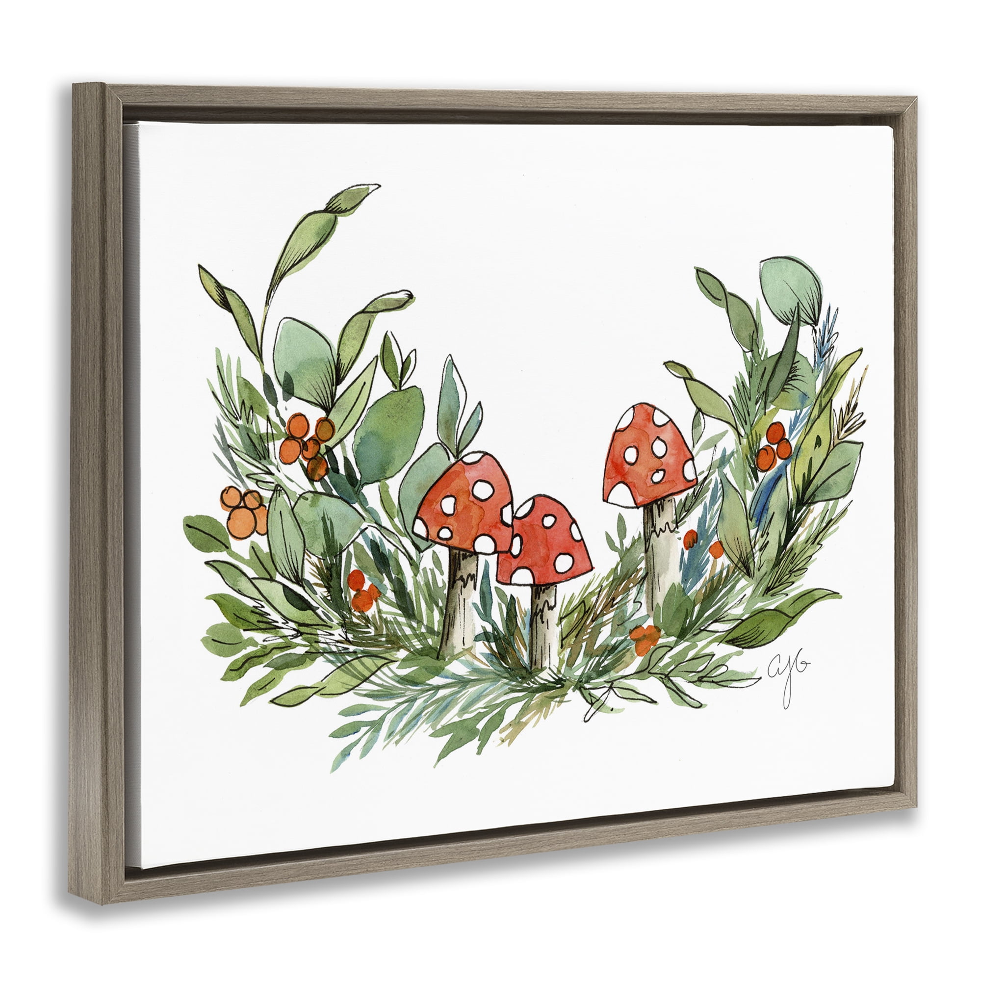 Stupell Industries Mushrooms and Greens Plants & Flowers Painting Brown Floater Framed Canvas Art Print Wall Art, 31 x 25