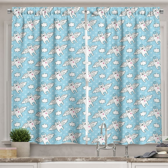 Ambesonne Cartoon Kitchen Curtains, Cat with Wings Hearts Kitty, 55"x45", Sky Blue White