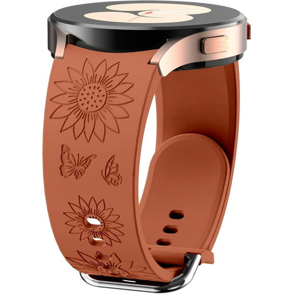 KOMI Sunflower Engraved No Gap Watch Band, Compatible with Samsung Galaxy Watch 6 44mm 40mm/Galaxy Watch 5 Pro 45mm/Galaxy Watch 5 44mm 40mm/Galaxy Watch 4 44mm 40mm, Silicone Sport Watch Strap Brown