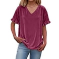 thumbnail image 2 of Mifsaly Velvet Tops for Women V-Neck Ruffle Short Sleeve Shirts Textured Dressy Casual Summer Blouse Soft Comfortable Work T-Shirts L, 2 of 8