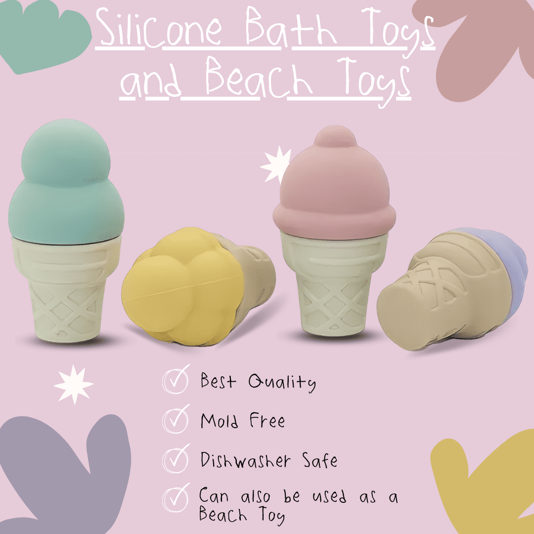 BrushinBella Silicone Bath Toys 4-Pack - Cleanable Silicone Montessori Toys - Baby Bath Toys - Bath Toys Dishwasher-Safe - Toddler Tub Toys - Baby Bath Essentials