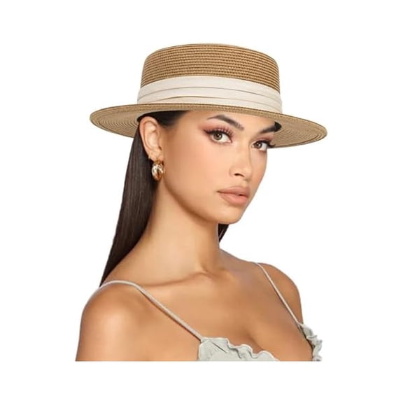 Straw Boater Summer Sun Hat - Wide Brim Fedora Panama Summer Beach Hat for Men Women(Size:Large)