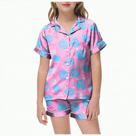 CAUYDY Halloween Pajamas Girl Fall Graphic Button Up Sleepwears Loungewear Ladies Ghost Pumpkin 2 Piece Top and Shorts Pjs Sets(Pink,12-13 Y)