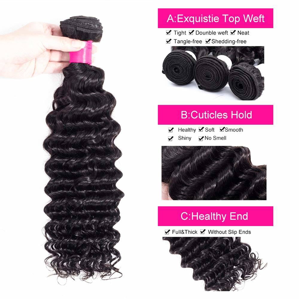 Remy Brazilian Human Hair Deep Wave Bundles 100% Unprocessed Brazilian Virgin Human Hair Weave Extensions Natural Black Color 4 Bundles(16"18"20"22")