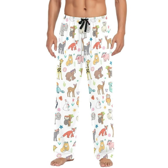Cartoon Elephant Bear Giraffe Fox joogoo Men's Pajama Pants Cotton Long Sleepwear Lounge Pants S
