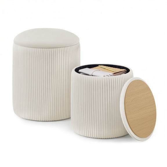 SONGMICS Vanity Stool, Set of 2, Round Storage Ottoman, Small Ottoman Coffee Table, Foot Stool, Removable Lid, Easy Assembly, Velvet, Cream White