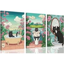 Japanese Funny Bathroom Black Cat Canvas Wall Art Cute Kitten On Toilet Posters Vintage Japanese Cat In A Bathtub Pictures Painting for Washroom Bathroom（Only canvas）