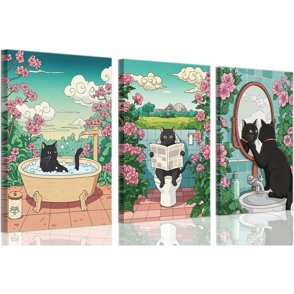 Japanese Funny Bathroom Black Cat Canvas Wall Art Cute Kitten On Toilet Posters Vintage Japanese Cat In A Bathtub Pictures Painting for Washroom Bathroom（Only canvas）
