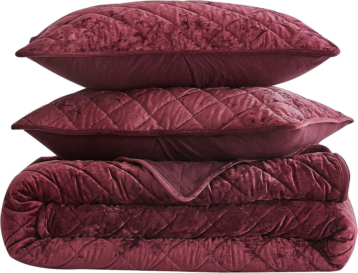Chezmoi Collection Lux Burgundy Velvet Quilt King Set, 3-Piece Lush Plush Distressed Velvet Bedding All Season Lightweight Bedspread Brushed Microfiber Reverse with Diamond Stitch Quilting