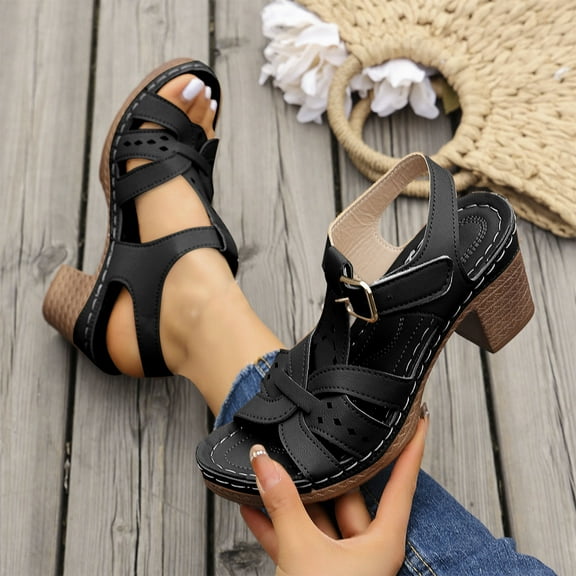 Viluyesy Block Heels Sandals for Womens, Peep Toe Adjustable Buckle Comfortable Ladies Casual Dress Gladiator Pumps Black
