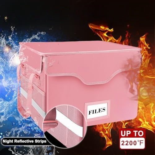 Fireproof Document Box with Lock,File Storage Organizer with Pockets,Collapsible Portable File Box Home Office Safe Filing Cabinet with Handle for Hanging Letter/Legal Folders,Pink,2 Pack