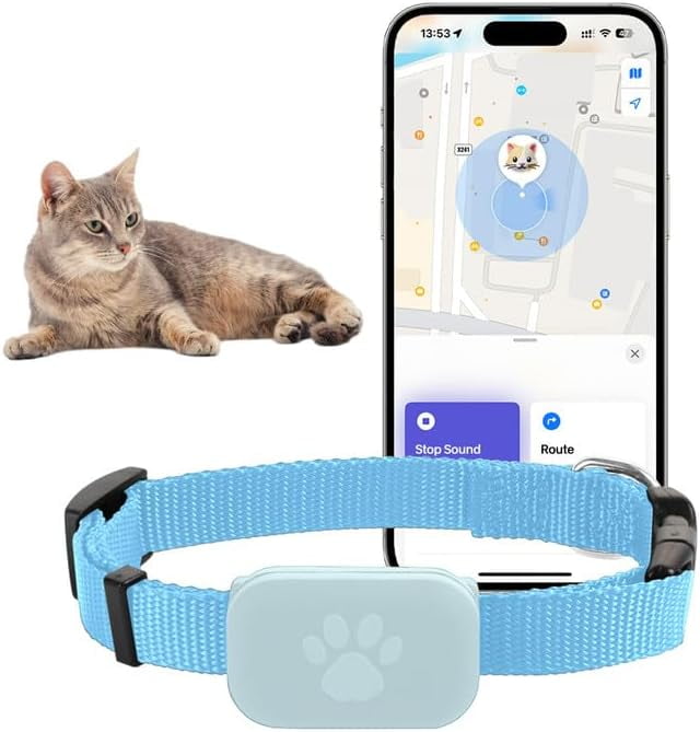 GPS Pet Tracker Collar - No Monthly Fee, Works with iOS/Android, IP67 Waterproof Dog & Cat Locator with 1+ Year CR2032 Battery, Adjustable Nylon Collar, Real Time Tracking, Blue