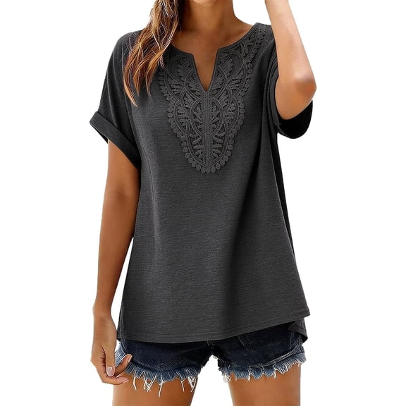 Turilly Women's Bohemian Lace Front Tops Short Sleeve V-Neck Casual Loose Fit Summer Tee for Women