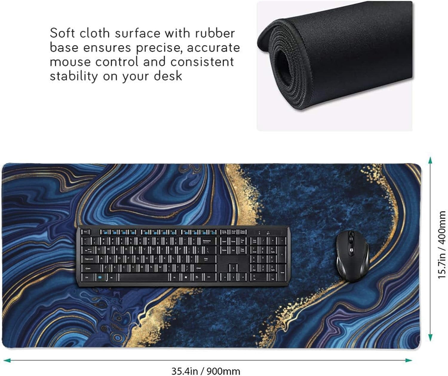 Gaming Mouse Pad,Large Mouse Pads for Desk,Non-Slip Rubber Base Extended Mousepad,XXL Keyboard Mouse Mat,Computer Keyboard Desk Pad with Stitched Edges,35.4x15.8inch,Blue Golden Marble