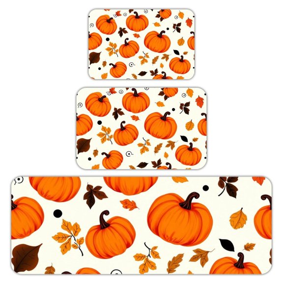 RKSupls Kitchen Rug Set 3 Piece Anti-Slip Flannel Floor Mats, Pumpkin Autumn Pattern Washable Absorbent Runner Mats for Kitchen Bathroom Home Decor