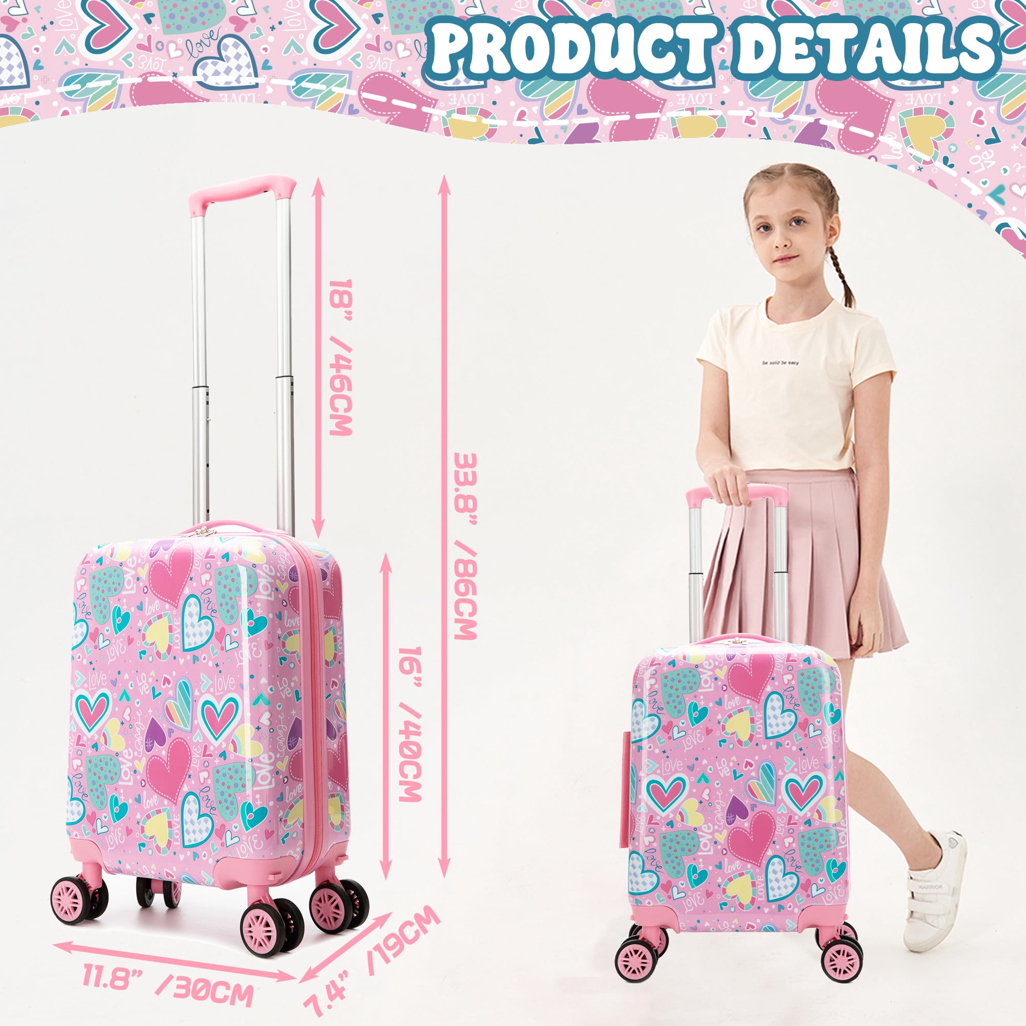 Kids Carry on Luggage Sets for Girls with Travel Pillow, Rolling Pink Suitcase with Wheels for Kids Travel Essentials Airline Approved 16 Inch