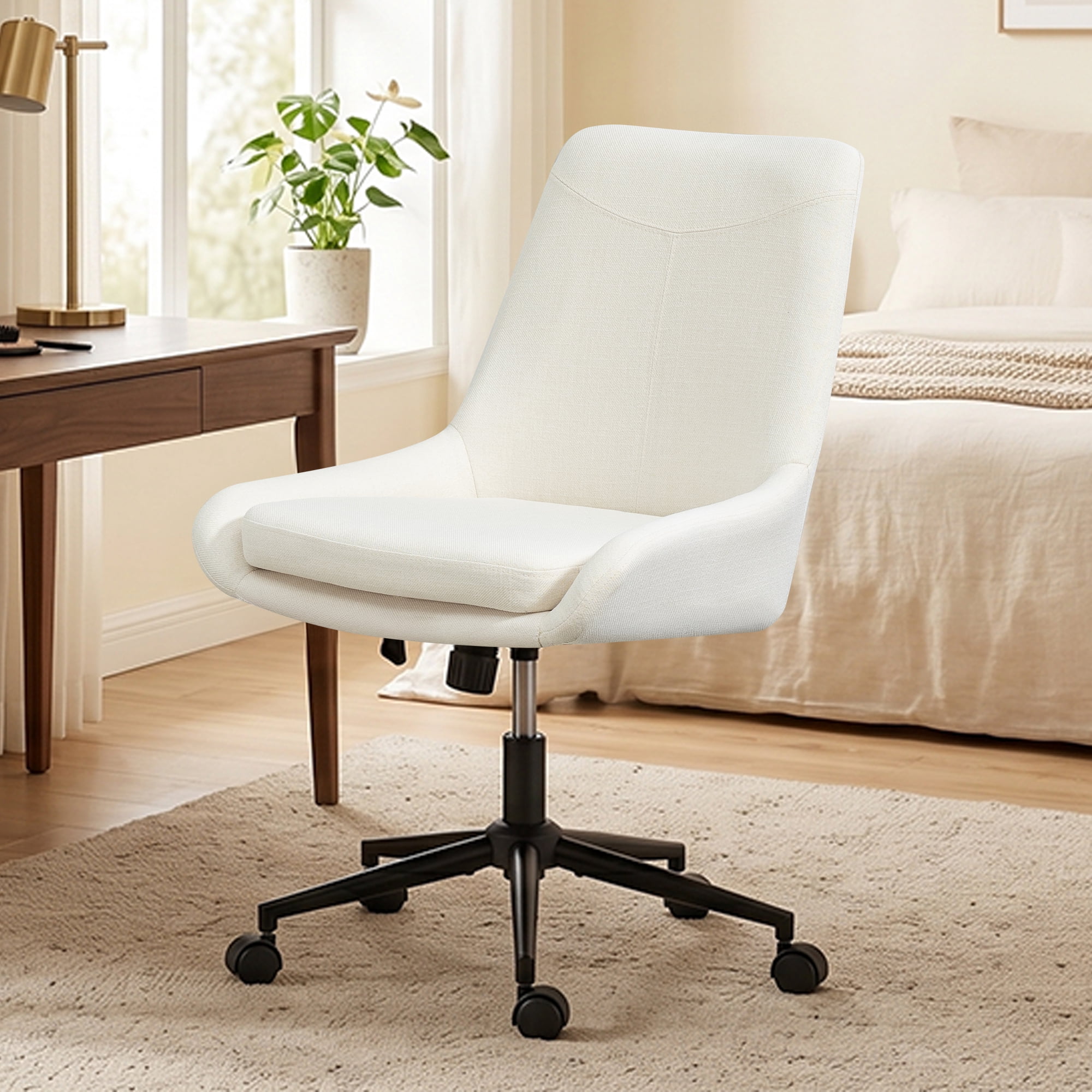 Armless Desk Chair with Wheels, Adjustable Swivel Fabric Makeup Chair, Comfortable Home Office Task Computer Chair, Beige