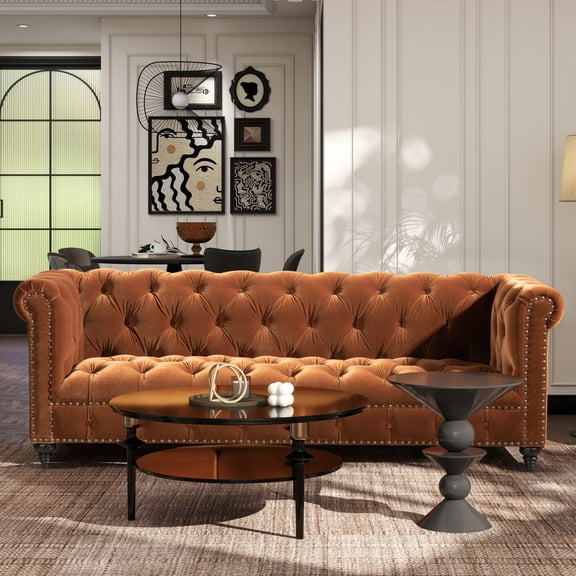 Miekor Furniture Alto 88" Tufted Chesterfield Sofa, Burnt Orange Performance Velvet MK8926