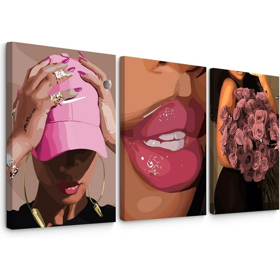 FCCUYE Black Woman Wall Art Pink Black Girl Canvas Decor African American Wall Art Picture Fashion Women Gril Poster Painting Abstract Flower People Art for Living Room Bedroom 16x24x3 Inch Und