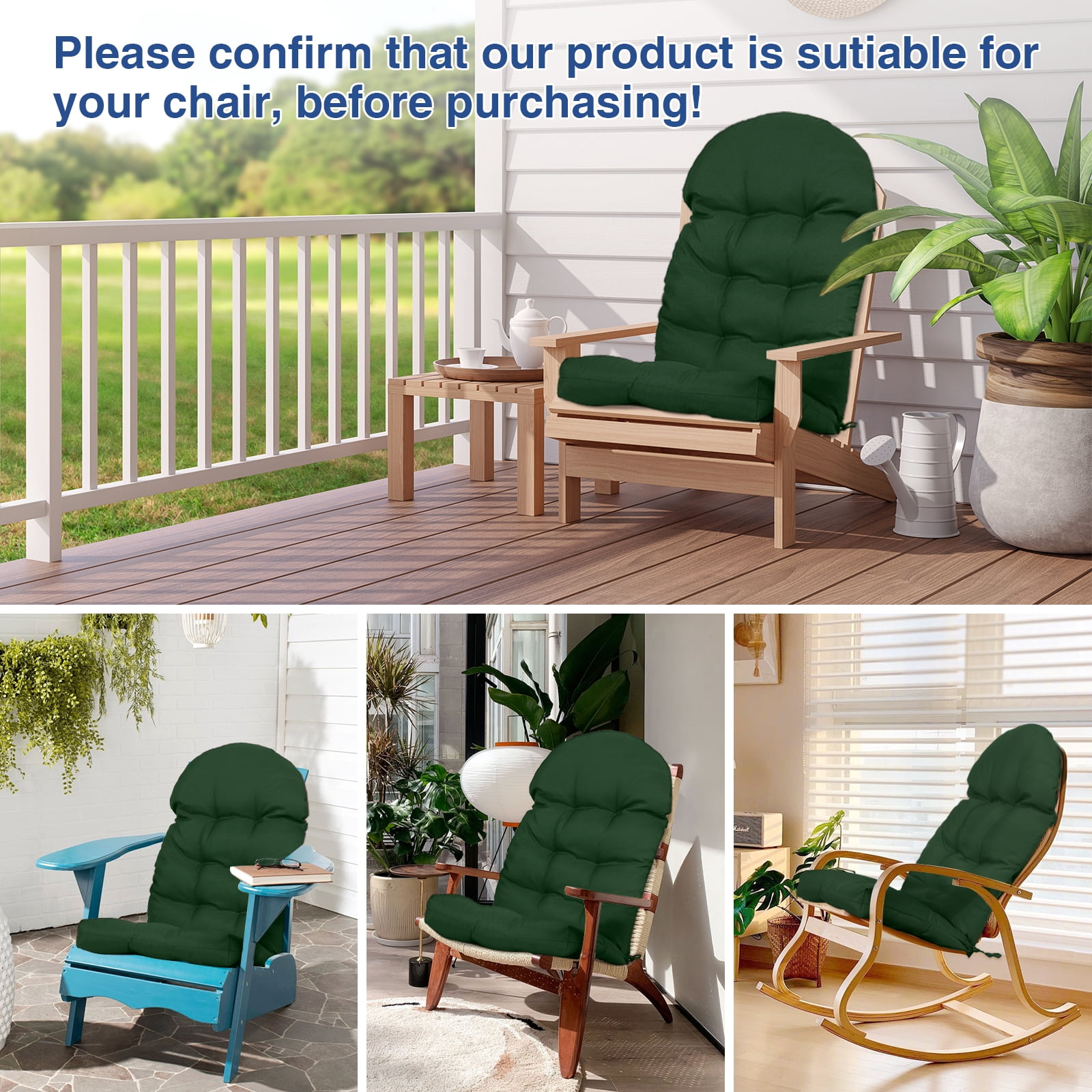 YEERSWAG Outdoor Adirondack Chair Cushions 43x20, Non-Slip Water Resistant High Back Patio Rocking Chair Pad with Ties,Dark Green