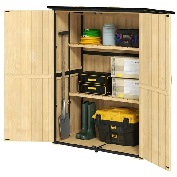 Yardi Yarda Wood Storage Shed with Lockable Doors and Adjustable Feet, Garden Shed with Asphalt Roof and 2 Shelves for Garden, Patio, Yard, Brown