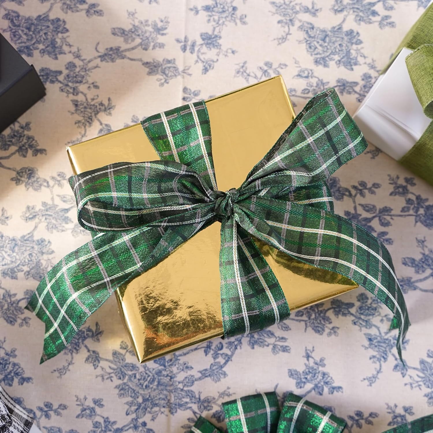 Green Plaid Tartan Checkered Christmas Tree Ribbon - 2.5" Wired in Green - 25 Yards - Perfect for Holidays
