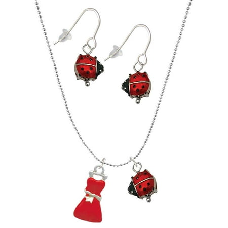 Delight Jewelry Silvertone Red Dress Red Lucky Ladybug Necklace and Dangle Earrings Set