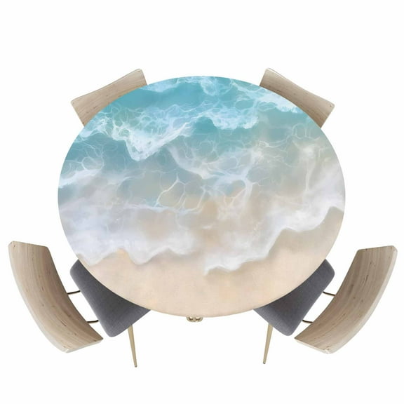 Coastal Ocean Beach Wave Fitted Round Tablecloths Elastic Edged Table Covers 36"-44",Natural Coastline Scenery Waterproof Dining Room Kitchen Table Cloth for Holiday Party Tables Decor