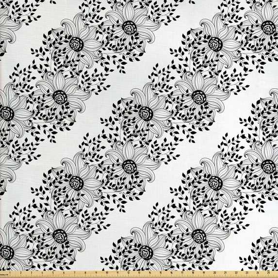 Flower Sofa Upholstery Fabric by the Yard, Monochrome Style Vintage Pattern of Outline Floral Damask with Leaves, Decorative Fabric for DIY Home Accents, 10 Yards, Charcoal Grey and White by Ambesonne