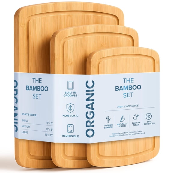 Wood Cutting Boards for Kitchen Counter – Organic Bamboo Cutting Board Set with Stick-On Grips (3 Pack), Thick Non-Slip Wooden Chopping Boards for Meat, Cheese, Produce & Serving
