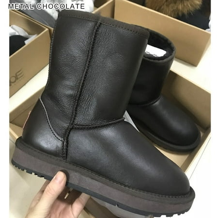 

INOE Classic Real Sheepskin Leather Natural Wool Fur Lined Mid-calf Winter Snow Boots for Women Warm Shoes Waterproof Black Grey