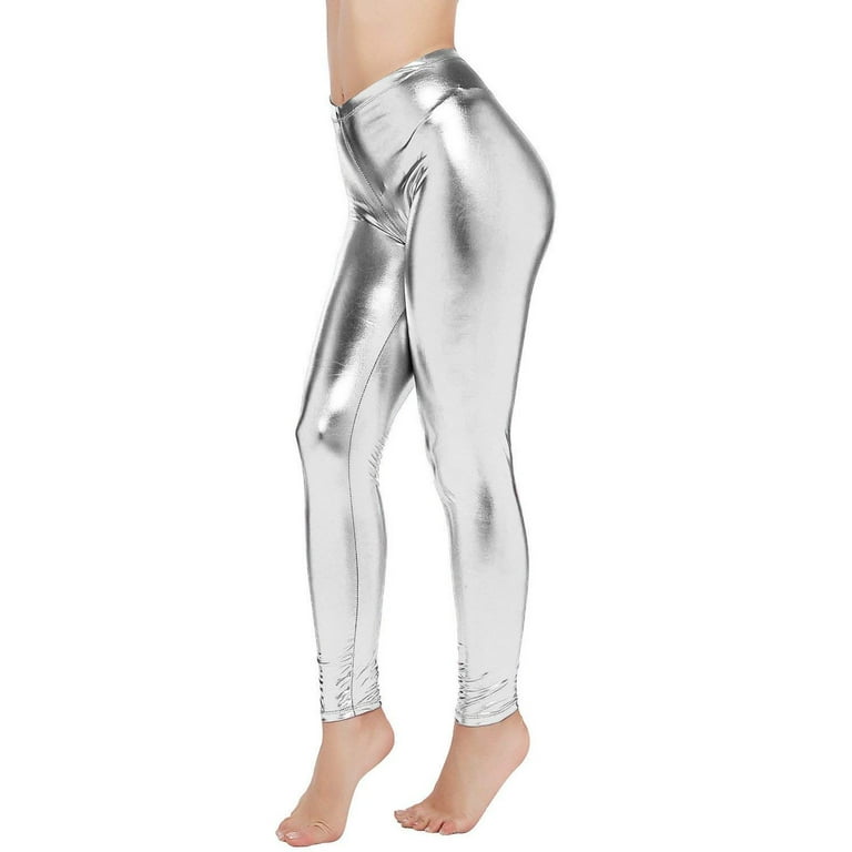 Workout Leggings for Women Shiny Leather Clubwear Trousers Tight Body Ankle  Length Legging Silver M 
