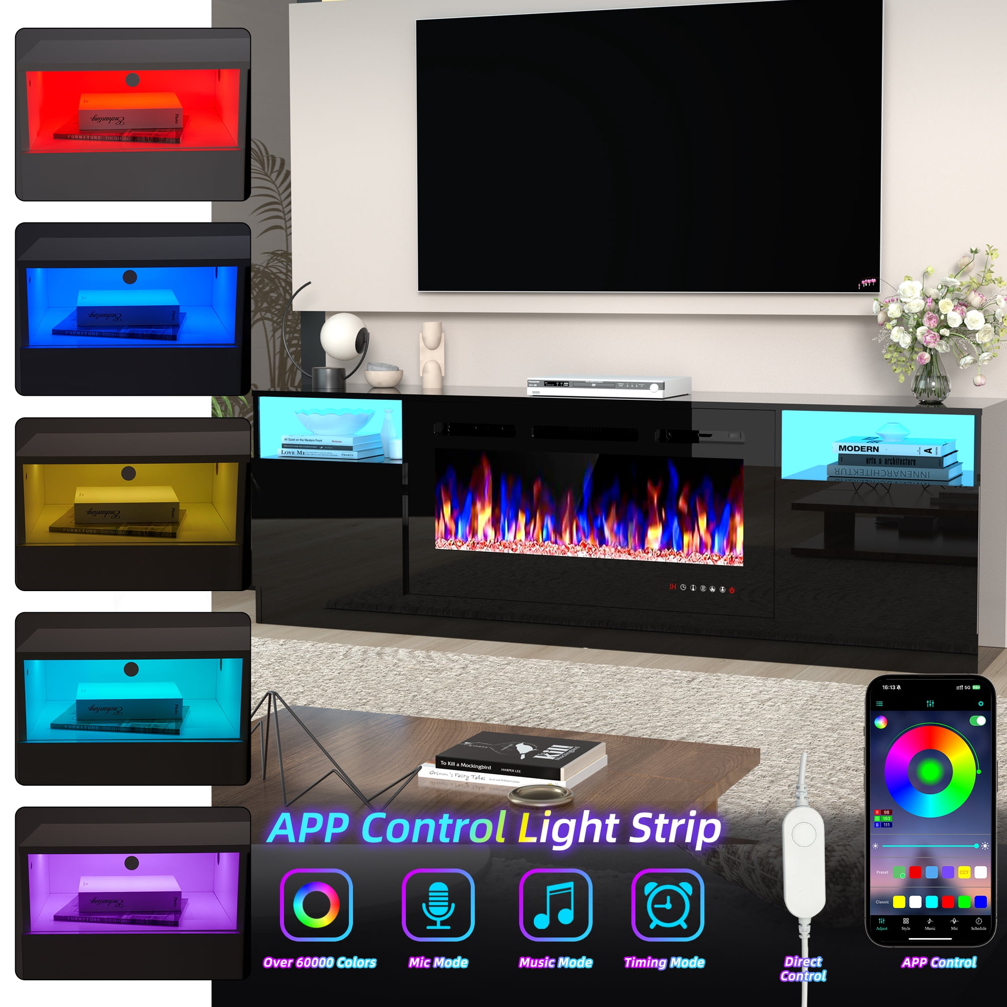 HARIPUL 70" Fireplace TV Stand for TVs Up to 80" with 36" Electric Fireplace, TV Console for The Living Room, LED Light Entertainment Center, Storage Cabinet, Media Console Table, Black