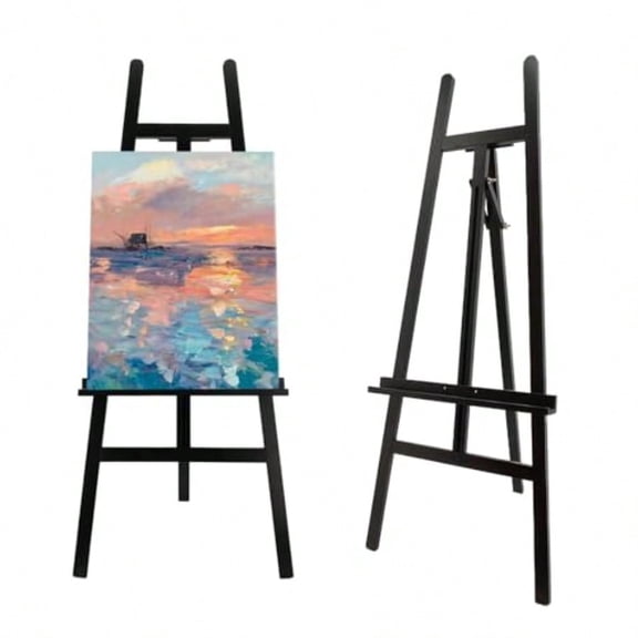 Large A-Frame Wooden Painting Display Black Easel Large Adjustable Pine Wood Standing Easel Holding Canvas Up to 60'' Solid Wood for Display Wedding Sign or Painting-Black
