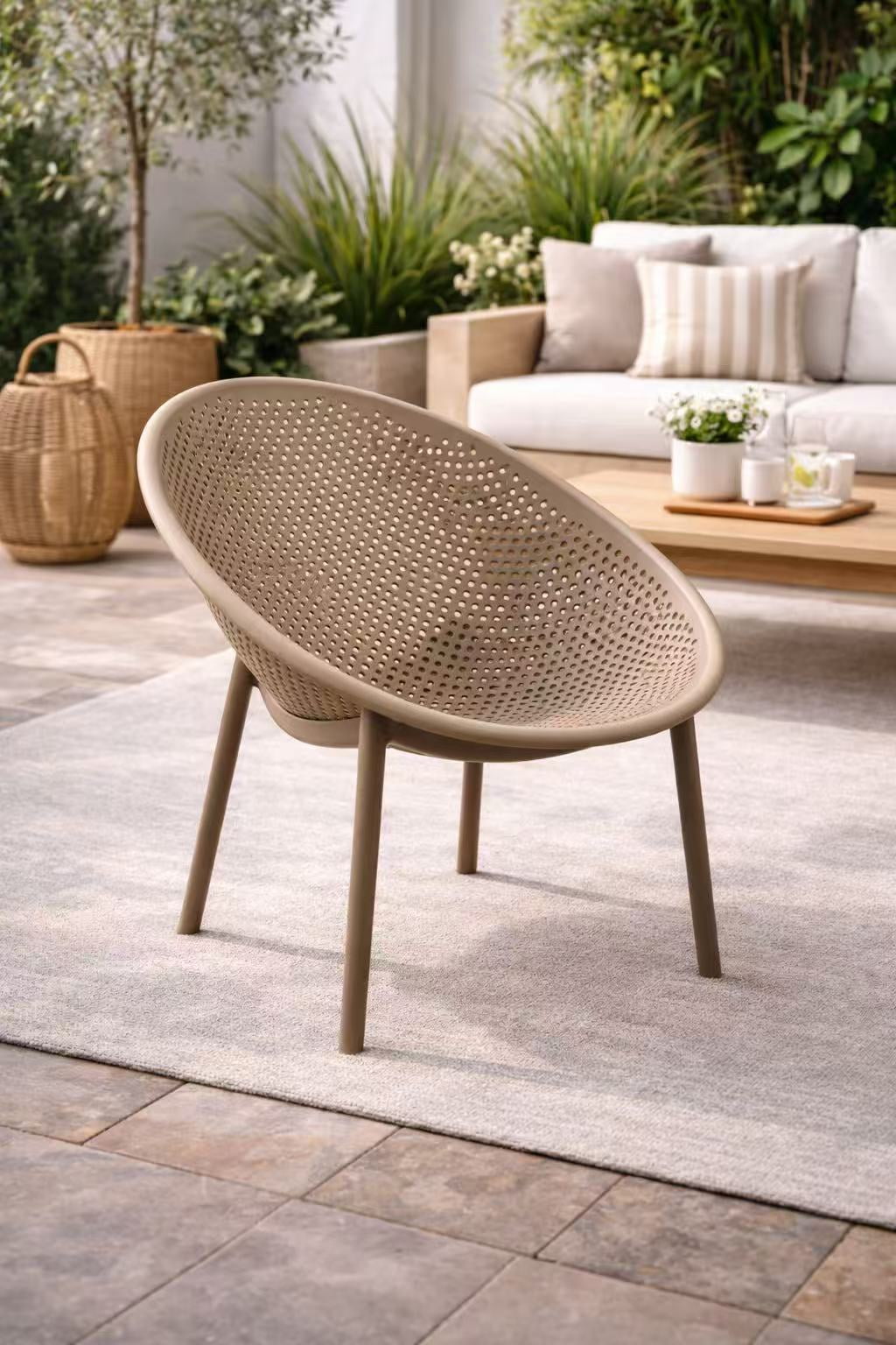 2xhome Set of 2 Modern Patio Chairs, Oval Acepulco With Dots Round Shape Contemporary Plastic Armless Dining Accent Chairs for Kitchen Living Room or Outdoor, Beige