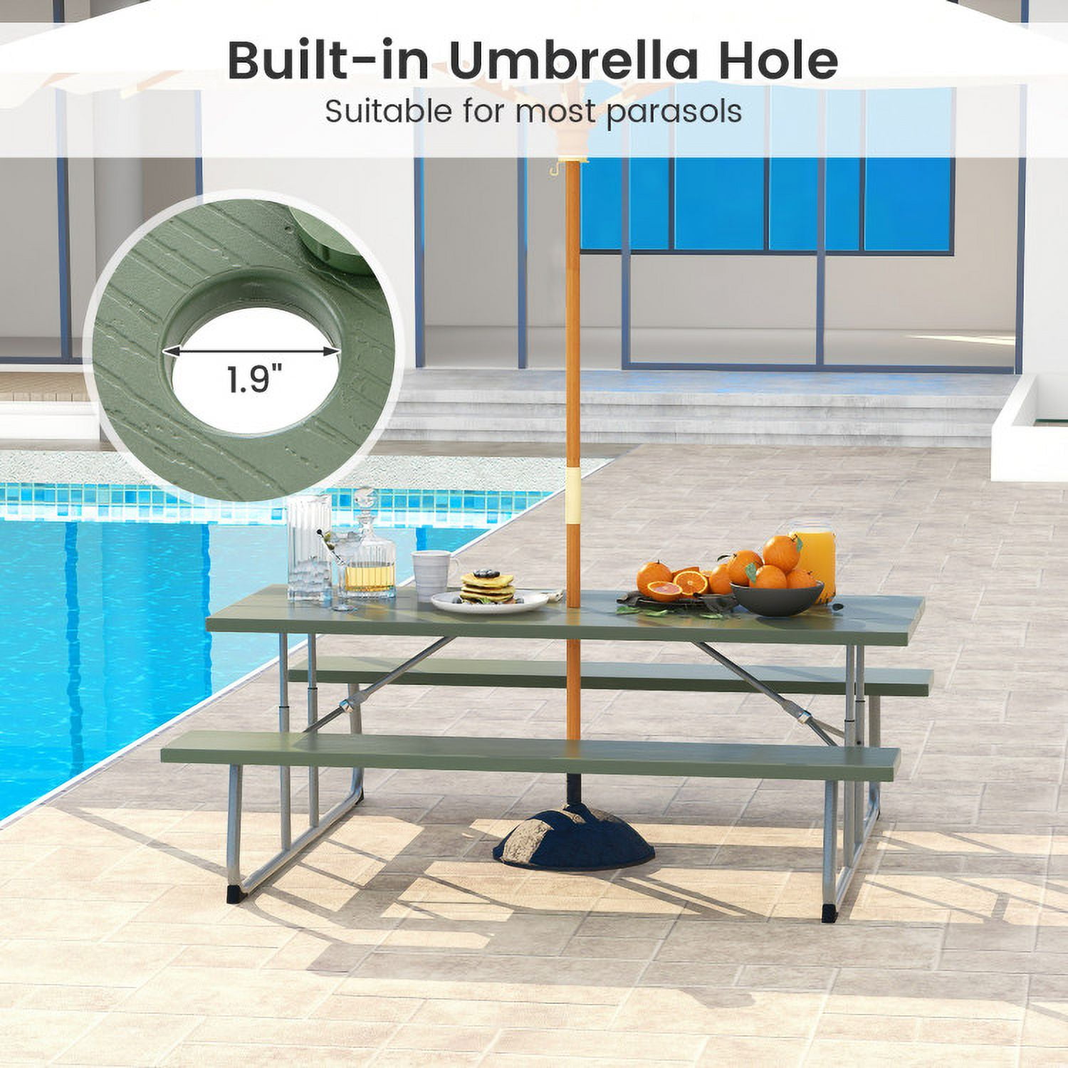 Aimee Lii Folding Picnic Table Set with Metal Frame and All-Weather HDPE Tabletop Umbrella Hole, Outdoor Patio Furniture, Green