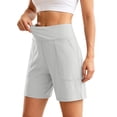 thumbnail image 2 of Womens Yoga Shorts High Waist Pocket Stretchy Solid Print Lightweight Gym Shorts for Workout Wear Beige L, 2 of 8