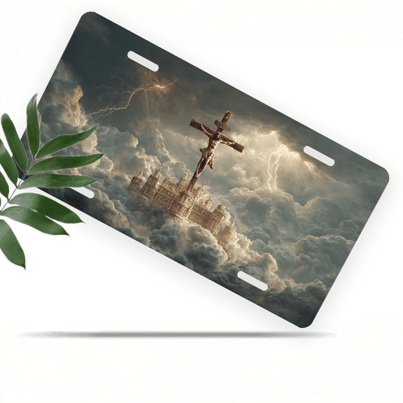 1 Pcs 2D Flat License Plate Covers & Frames, Jesus on the Cross For Decorative Front, Waterproof For Decoration Aluminum License Plate Covers & Frames Cover For Men Women, 12" X 6"