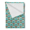 thumbnail image 2 of Skull Soft Flannel Fleece Throw Blanket, Oriental and Roses on Skull South American Culture Vintage Style, Cozy Plush for Indoor and Outdoor Use, 70" x 90", Seafoam Green and Ruby, by Ambesonne, 2 of 5