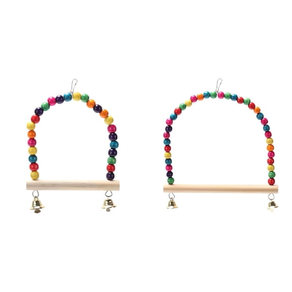 2Pcs Bird Swing Perch Toy, Natural Wooden Parrot Cage Toy with Colorful Beads and Bells for Parakeet Cockatiel Budgie