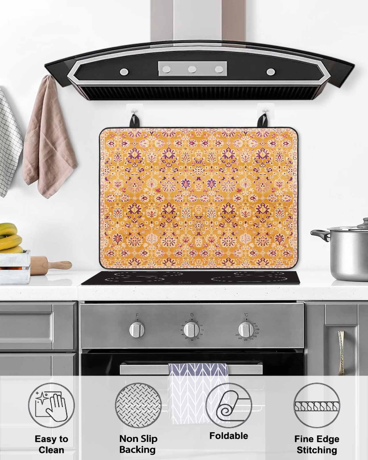 nqOlkjepod Large Induction Cooktop Protector Mat 24"x21", Orange Yellow Boho Stove Top Covers for Electric Stove, Vintage Shabby Abstract Geometric Art Stove Burner Cover Mats, Glass Top Stove Cover