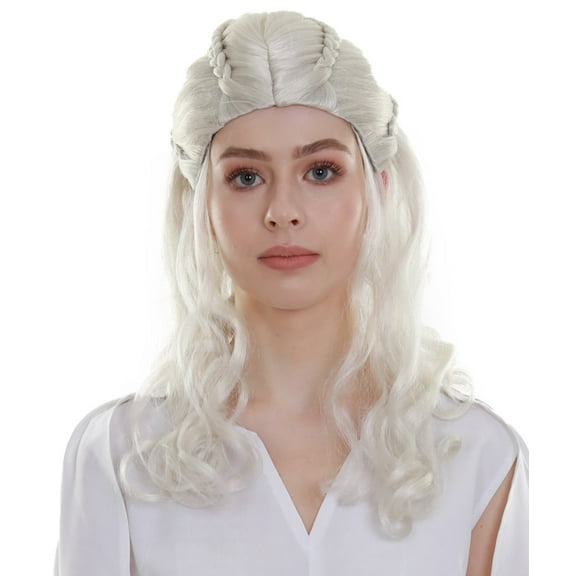 HPO Adult Women's Snow White Color Wavy Medium Length Pinned Up Trendy Wig, Synthetic Fiber