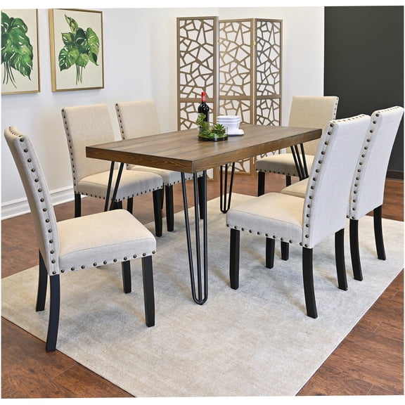 7-Piece Dining Table Set with 6 Upholstered Chairs, Hairpin Legs, Dark Brown MDF Tabletop for Dining Room