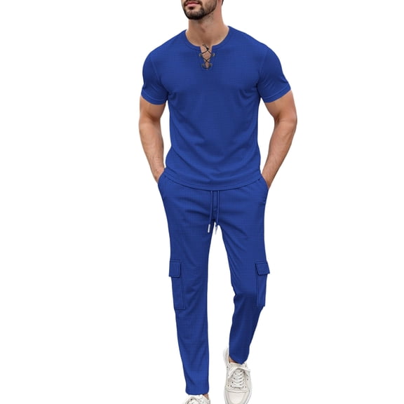 BLTIBY Men's Summer Sets 2 Piece Outfits Waffle Crewneck V Neck Fitted Lace Up Short Sleeve T-Shirt & Drawstring Cargo Pants Casual Stylish Matching Set with Pockets Blue XXL