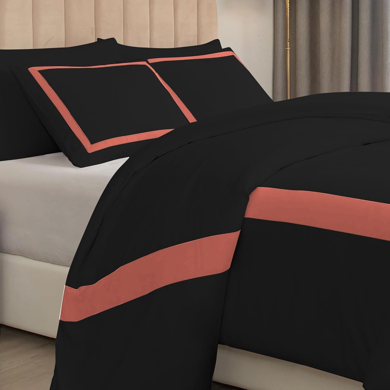 DNG Creations 1 Piece Full Black And Brick Red Border Line Pattern Duvet Cover - 100% Egyptian Cotton, 800 Thread Count ( California King )