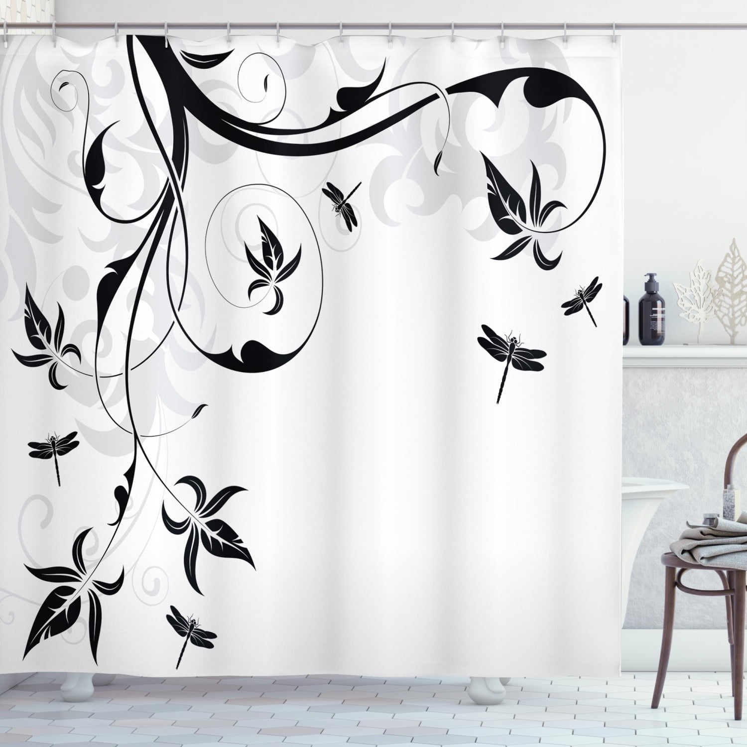 Dragonfly Shower Curtain, Swirled Floral Background with Damask Curl