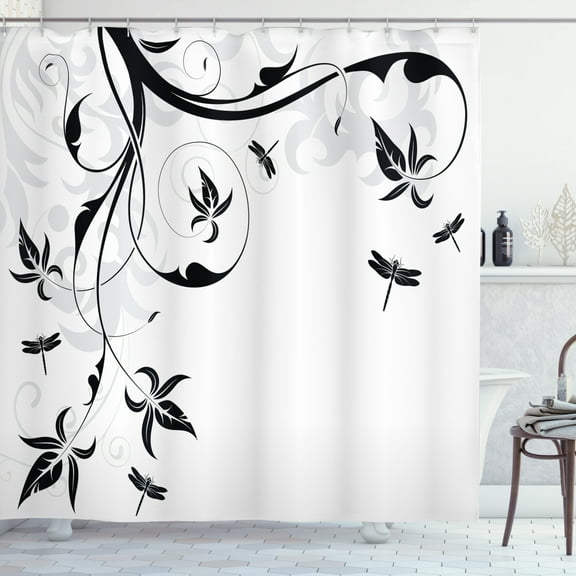 Ambesonne Dragonfly Shower Curtain, Damask Curl Leaves, 69"Wx75"L, Pale Grey Black White