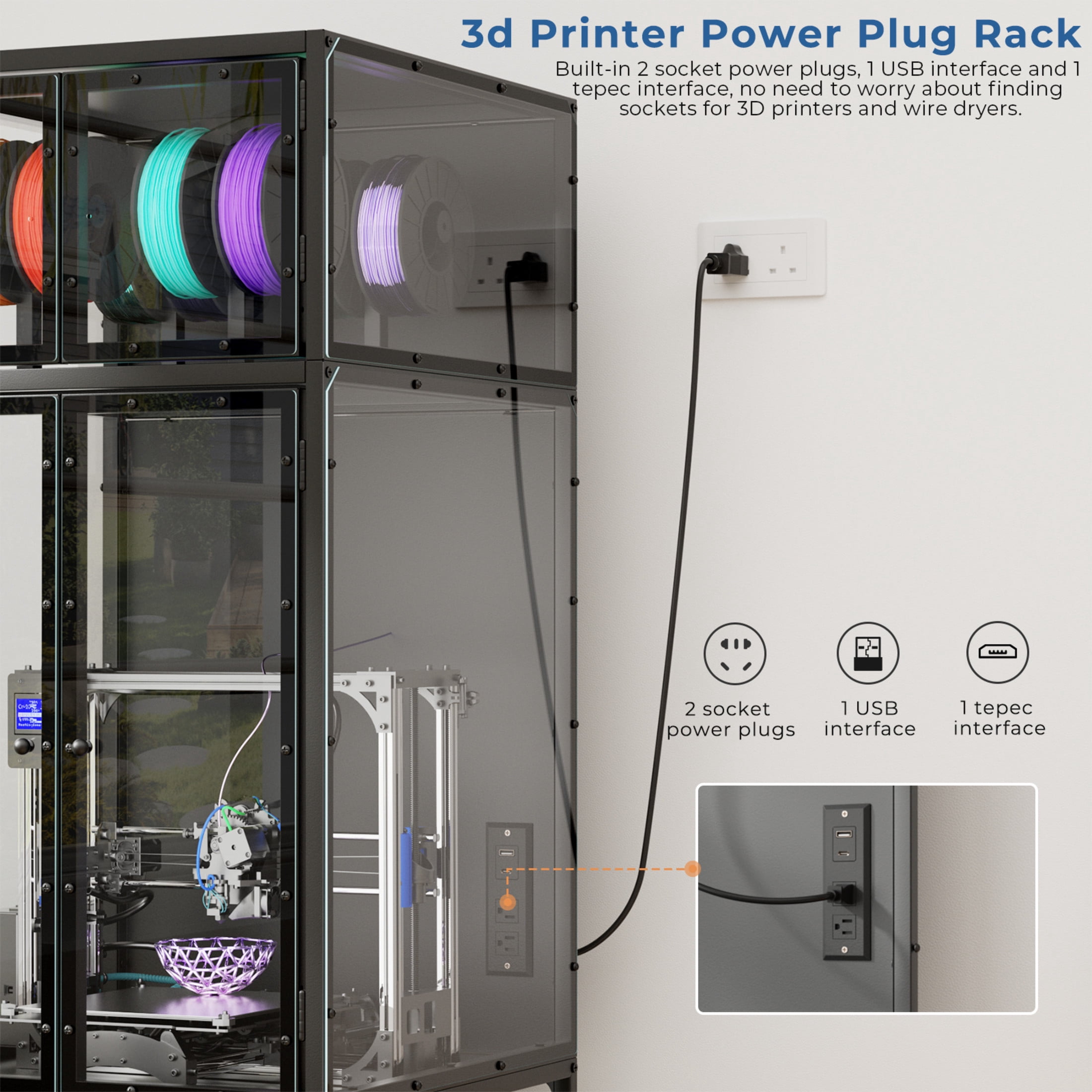 Noble House 3D Printer Enclosure Cabinet, Metal Frame with Acrylic Panels, Double Filament Rack & Spool Holder, Black